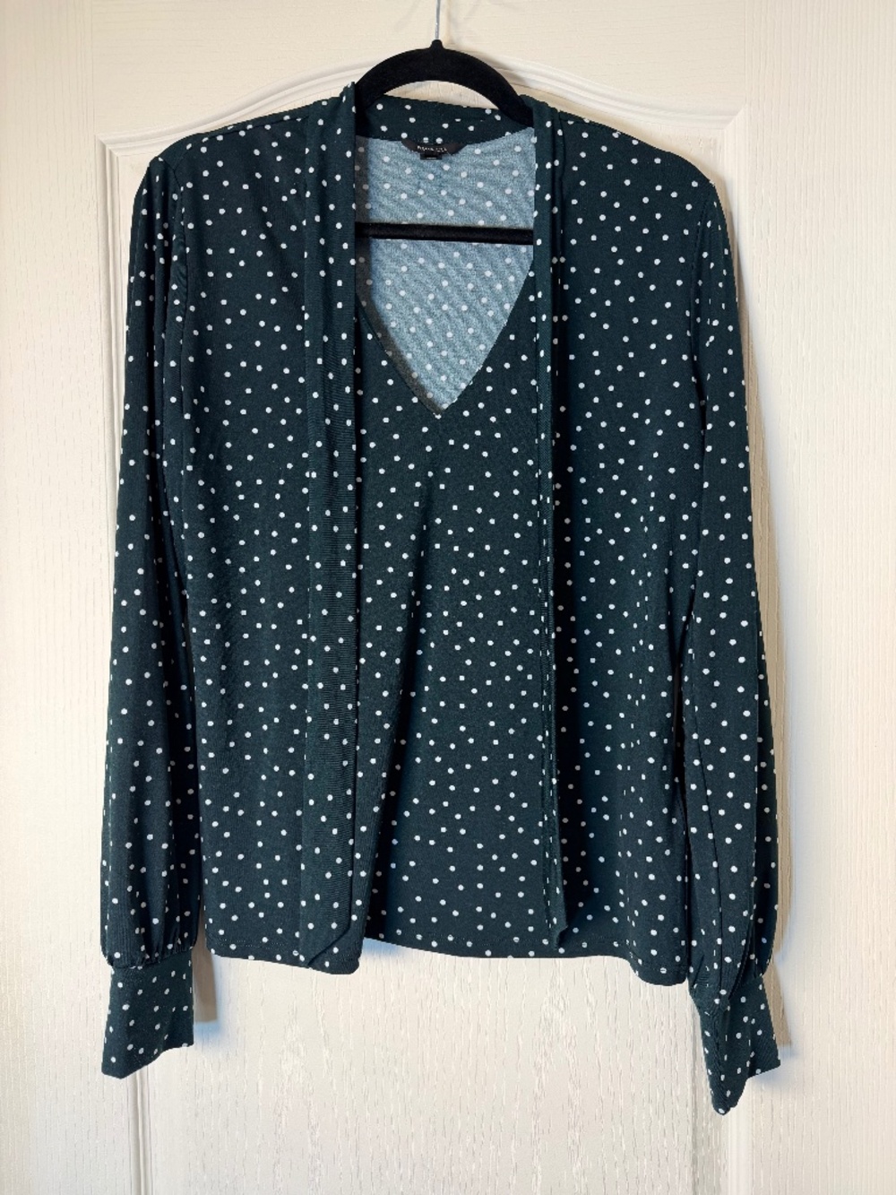 RW&CO Dark Forest Green White Polka Dot Tie Neck Blouse Long Sleeve Stretch Top